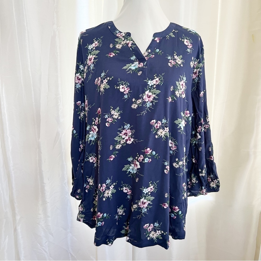Croft & Barrow Floral Blouse XL Navy Blue Split Neck Long Sleeve Rayon Top